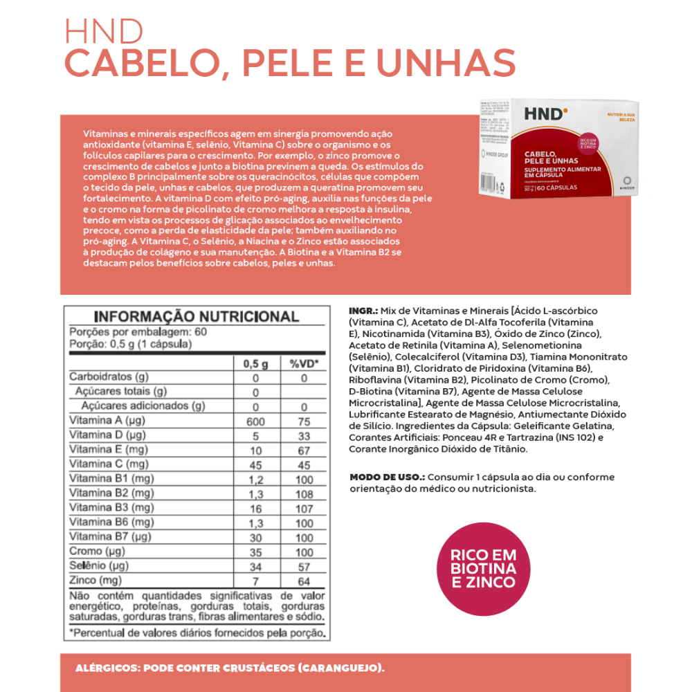 Suplemento Alimentar em Cápsula Cabelo, Pele e Unha HND 60 cápsulas