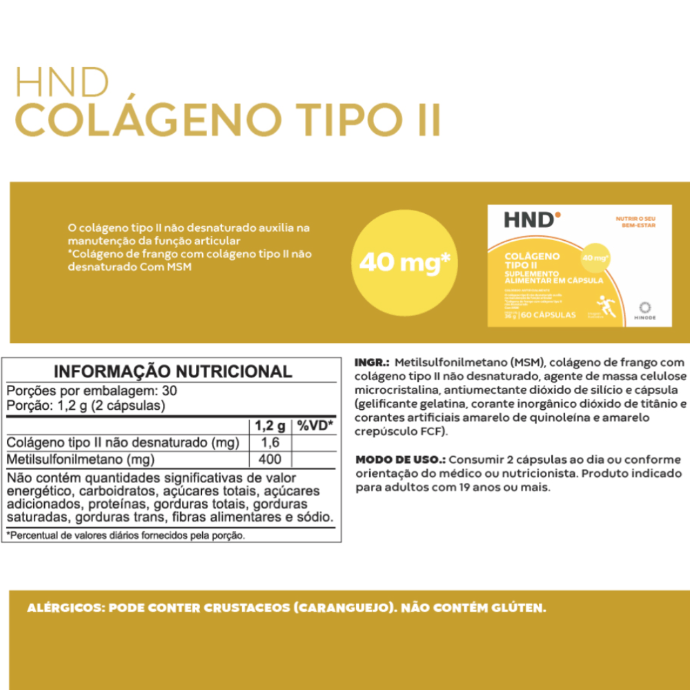 Suplemento Alimentar Colágeno Tipo II HND 60 Cápsulas