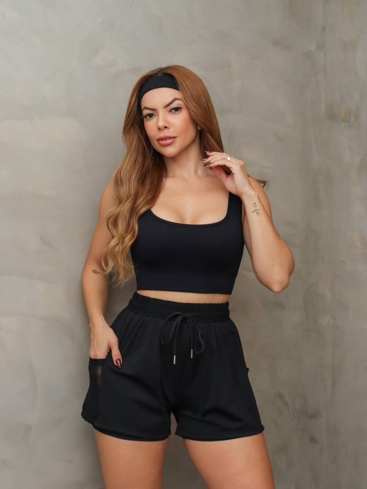 Short Duplo Com Bolso P/M Preto